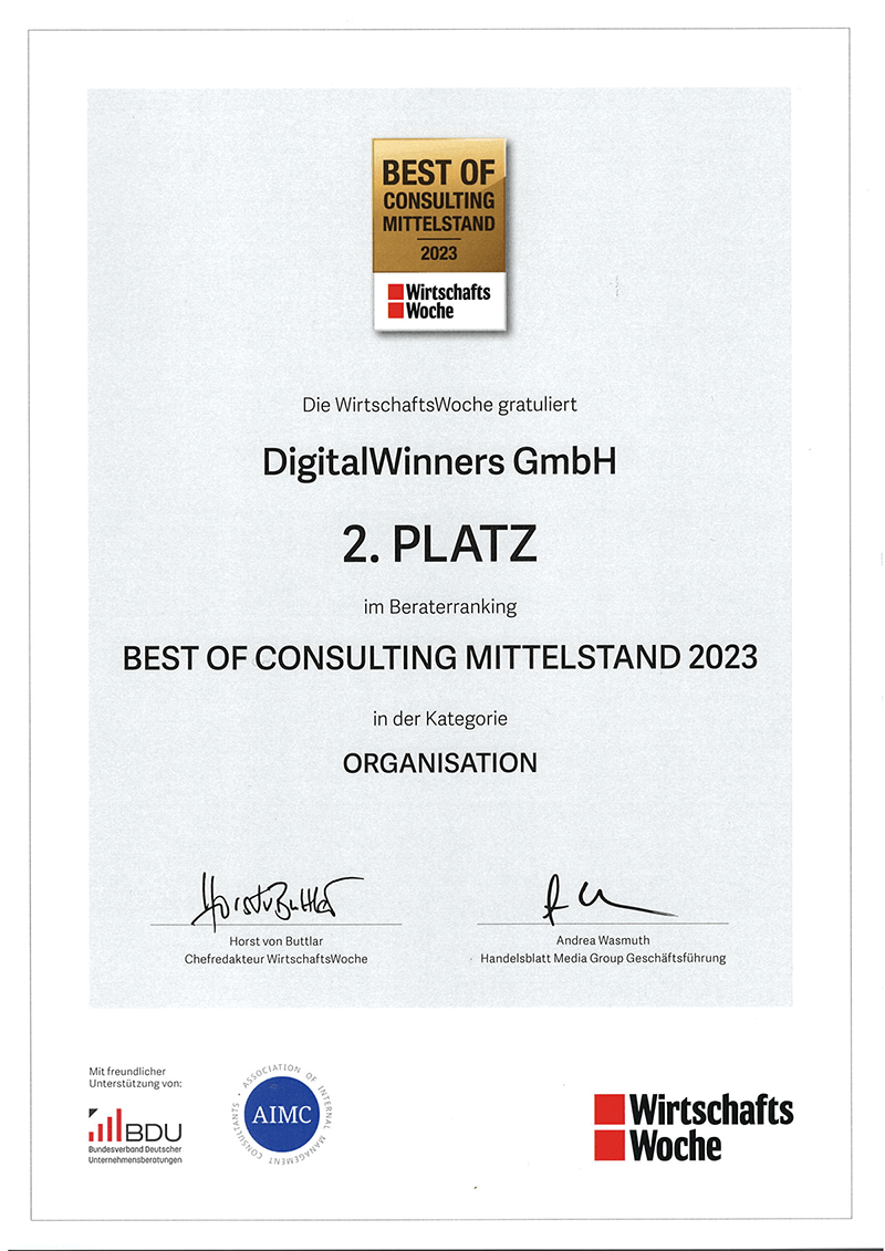 Best of Consulting Mittelstand 2023 — 2. Platz Organisation, Urkunde DigitalWinners GmbH